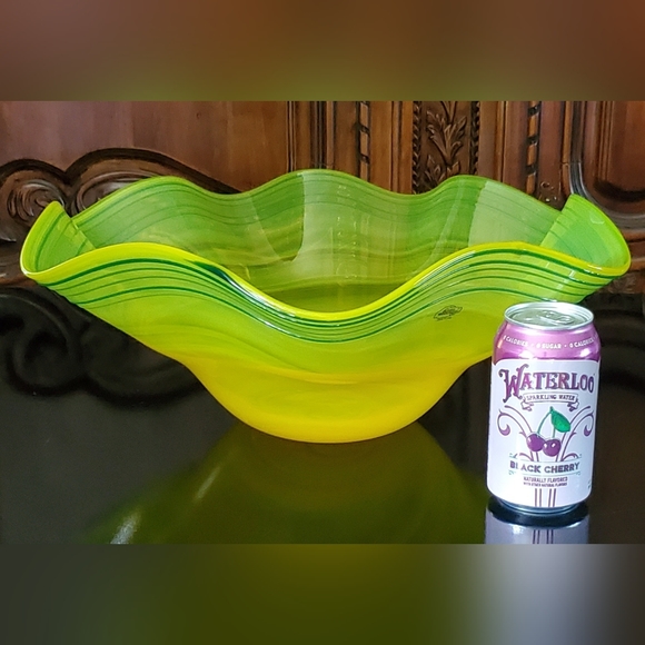 Huge Blenko 17" Handmade Yellow & Blue Art Glass Bowl - Picture 4 of 13